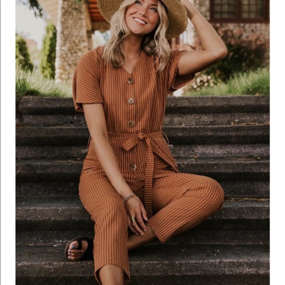 Roolee Take Chances brown striped jumpsuit